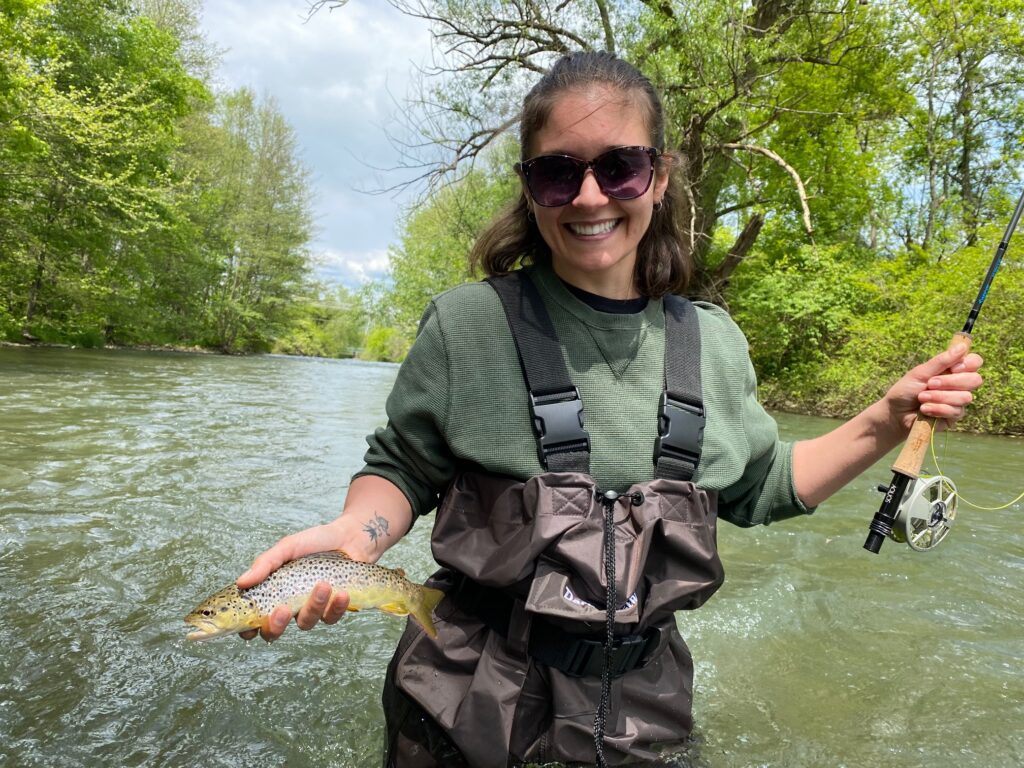 guided client holding a wild brown trout caught on a fly fishing trip with keystone anglers guide servicr on spring creek bellefonte pennsylvania