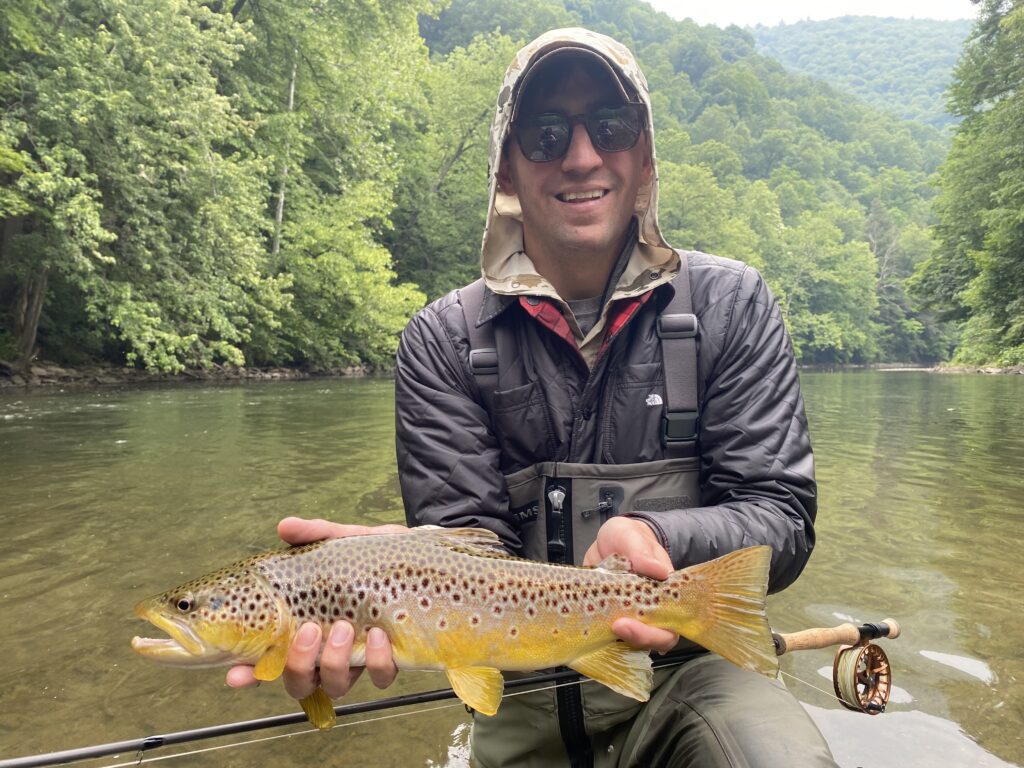 guided client holding a wild brown trout caught on trip with keystone anglers guide service on the little juniata river in spruce creek pennsylvania